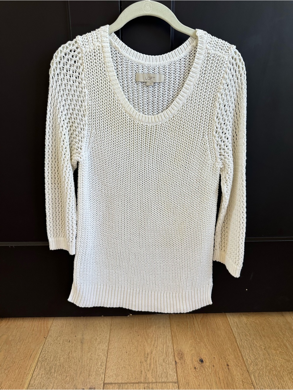 LOFT Cream Open-Weave Scoop Neck Sweater